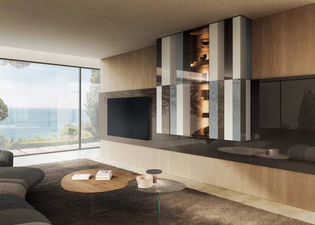 Mueble de pared de rayas marrones y blancas | Pared equipada N.O.W. | LAGO