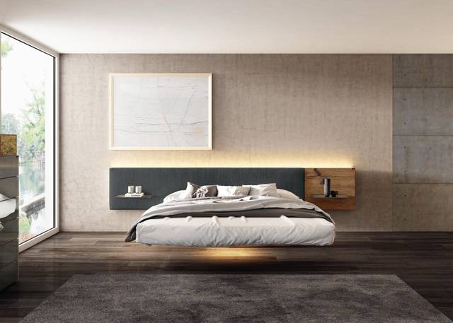 floating bed with wooden fabric headboard | Fluttua Bed | LAGO