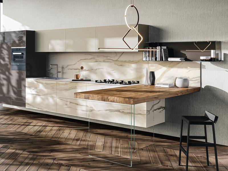 marble floating kitchen with wooden peninsula | 36e8 Marble XGlass Kitchen | LAGO