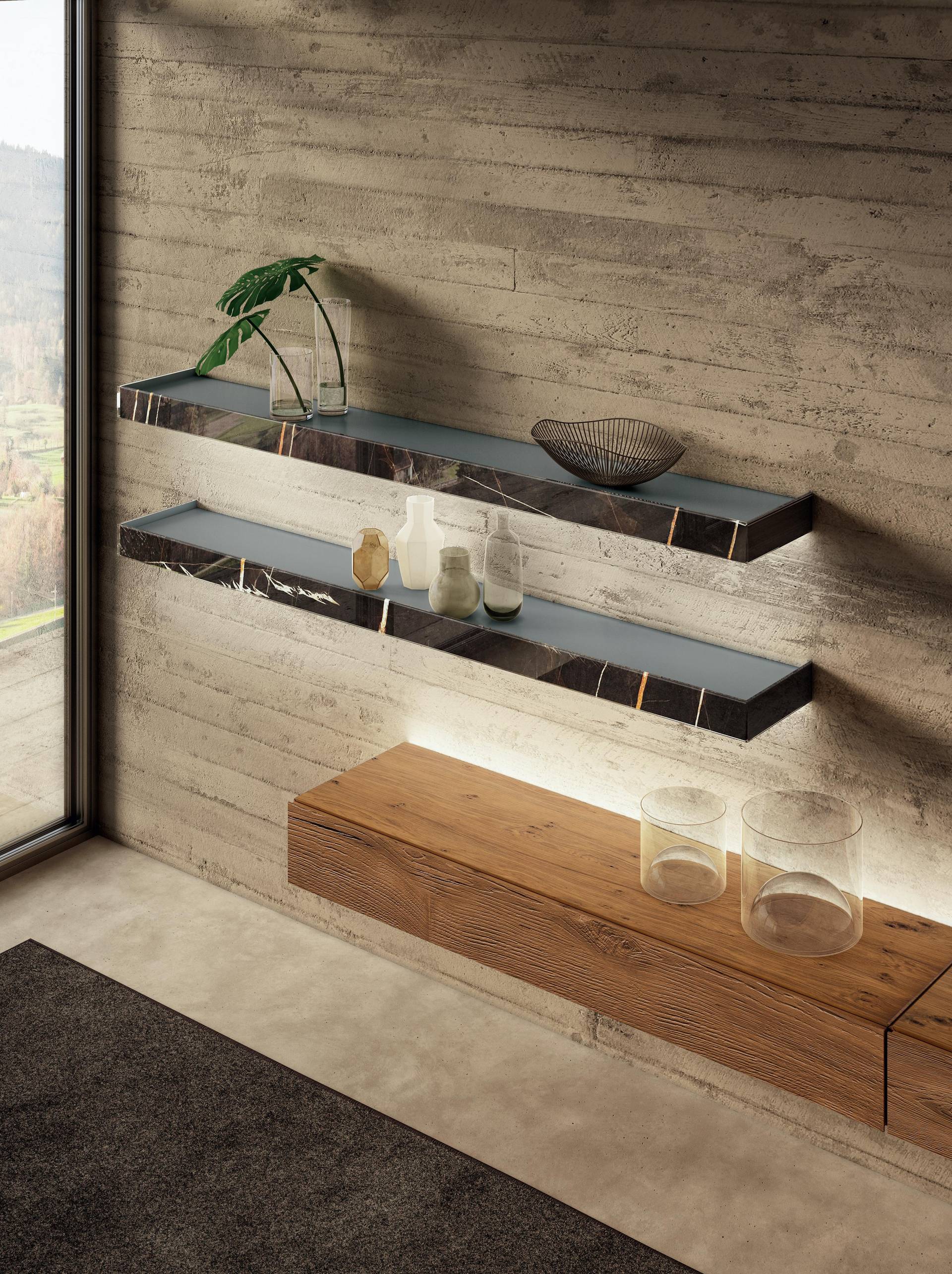detail of marble xglass shelves equipped living room wall | Dub Wall Unit | LAGO