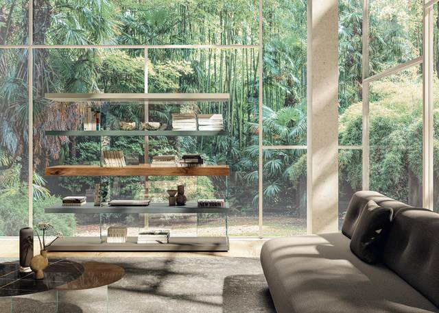 wooden glass floating bookcase | Air Bookshelf | LAGO