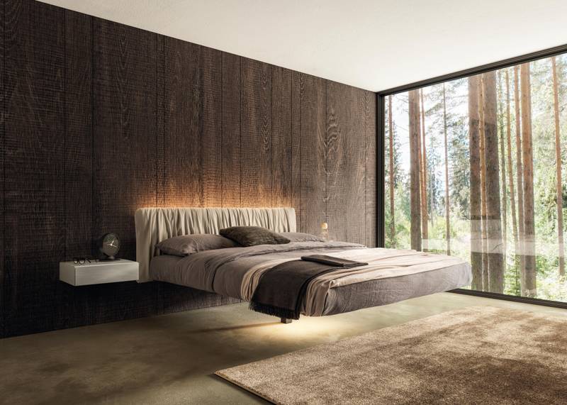 floating bed with ruched leather headboard | Fluttua Bed | LAGO