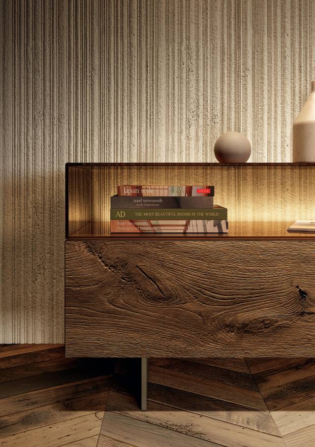 Mueble TV moderno de cristal y madera con iluminación | Mueble TV 36e8 Glass | LAGO 