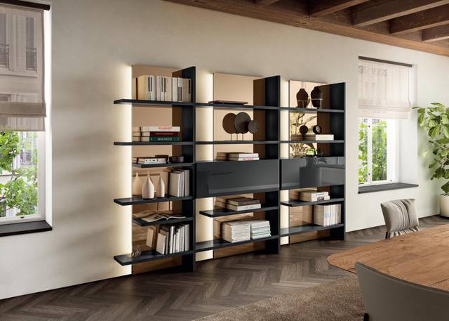 black modular bookcase with lighting | Pentagram Bookshelf | LAGO