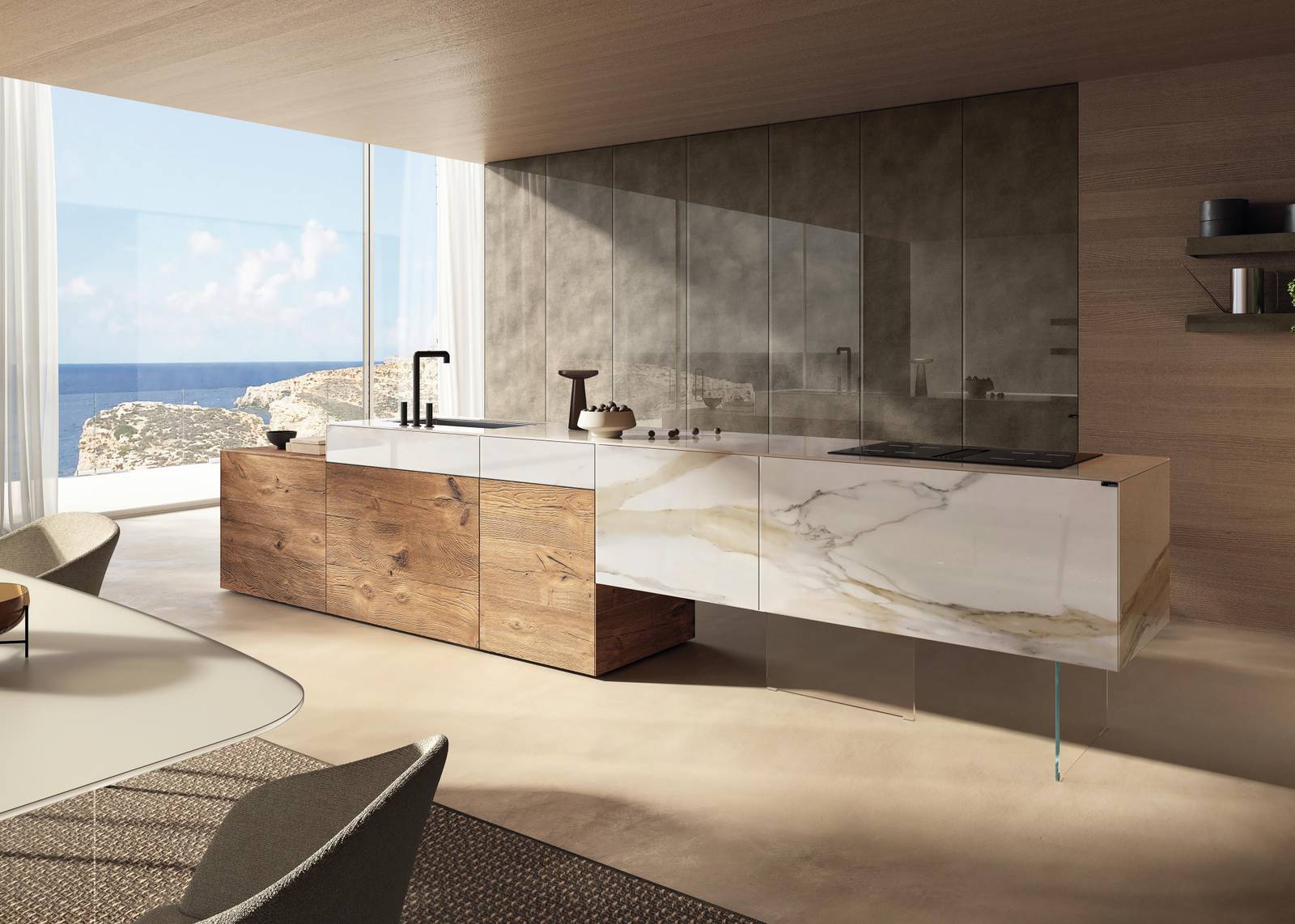 cocina de diseño con isla de madera y cristal | Cocina 36e8 | LAGO