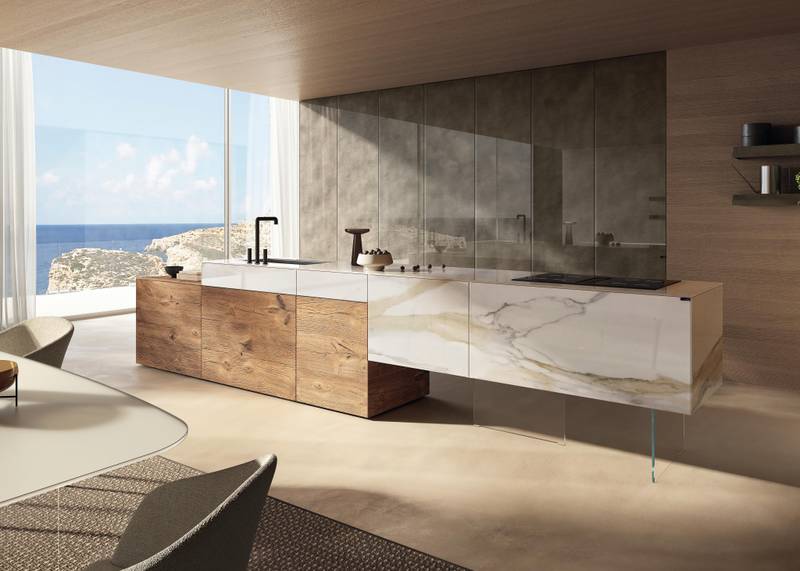 designer kitchen with wood and glass island | 36e8 Kitchen | LAGO