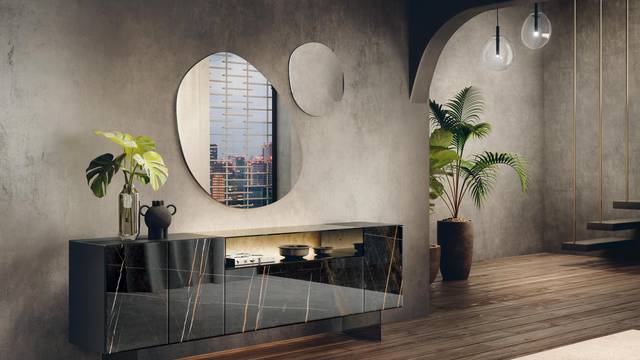 modern living room with designer mirrors | 36e8 Glass Sideboard | LAGO