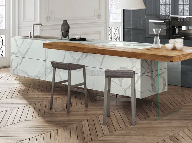 cuisine en marbre avec péninsule en bois | Cuisine 36e8 Marble XGlass | LAGO cuisine en marbre avec péninsule en bois | Cuisine 36e8 Marble XGlass | LAGO