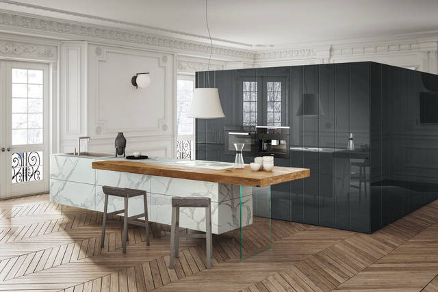 marble kitchen with wooden peninsula | 36e8 Marble XGlass Kitchen | LAGO