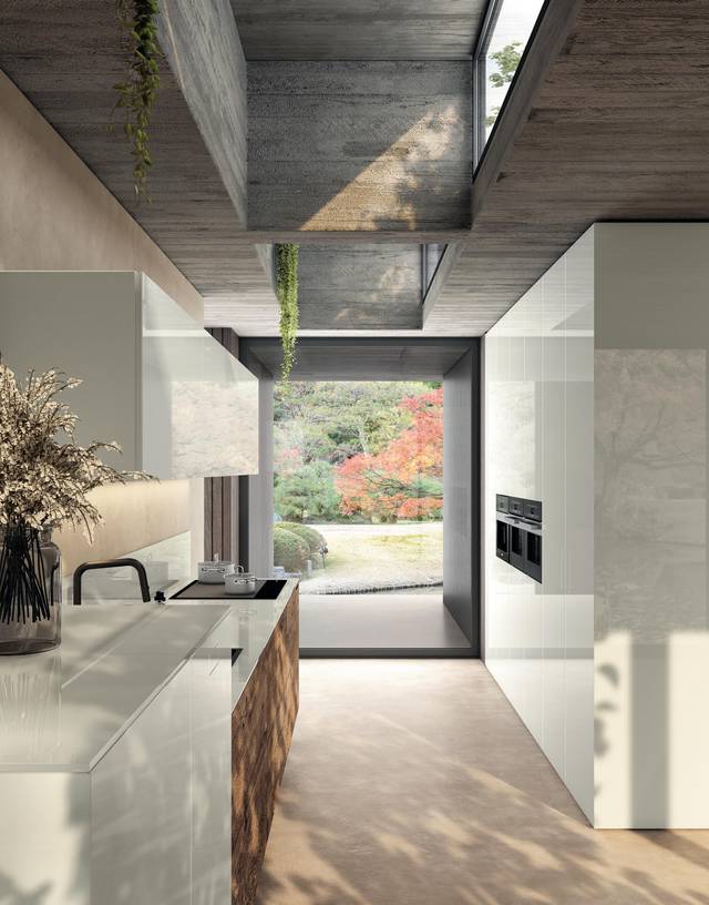 cuisine linéaire en verre blanc et bois | Cuisine 36e8 | LAGO cuisine linéaire en verre blanc et bois | Cuisine 36e8 | LAGO