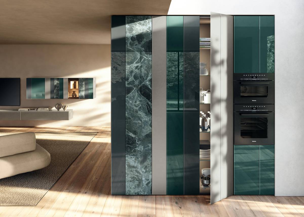 Green coloured glass kitchen pantry | N.O.W. Kitchen | LAGO