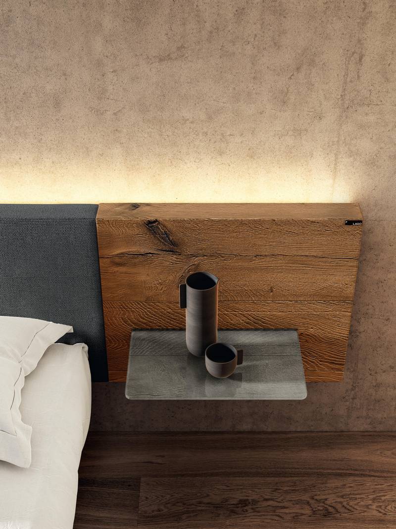 wooden fabric headboard shelf | Fluttua Bed | LAGO
