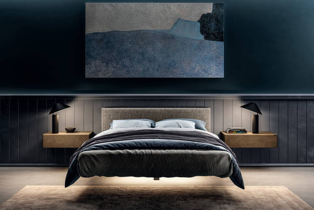 letto sospeso con comodini in vetro| Letto Fluttua, Comodino Materia | LAGO