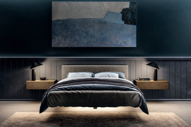 suspended bed with glass bedside tables | Materia Bedside Table | LAGO