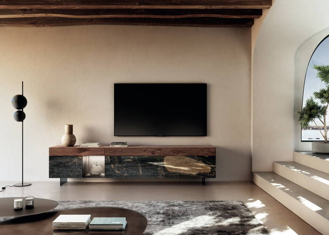 meuble TV suspendu en bois et marbre xglass | Meuble TV 36e8 | LAGO