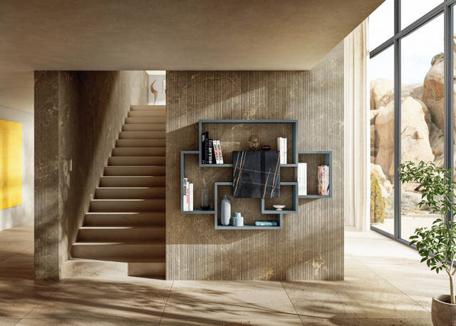 grey wall-mounted bookcase with storage unit | Lagolinea Bookshelf | LAGO