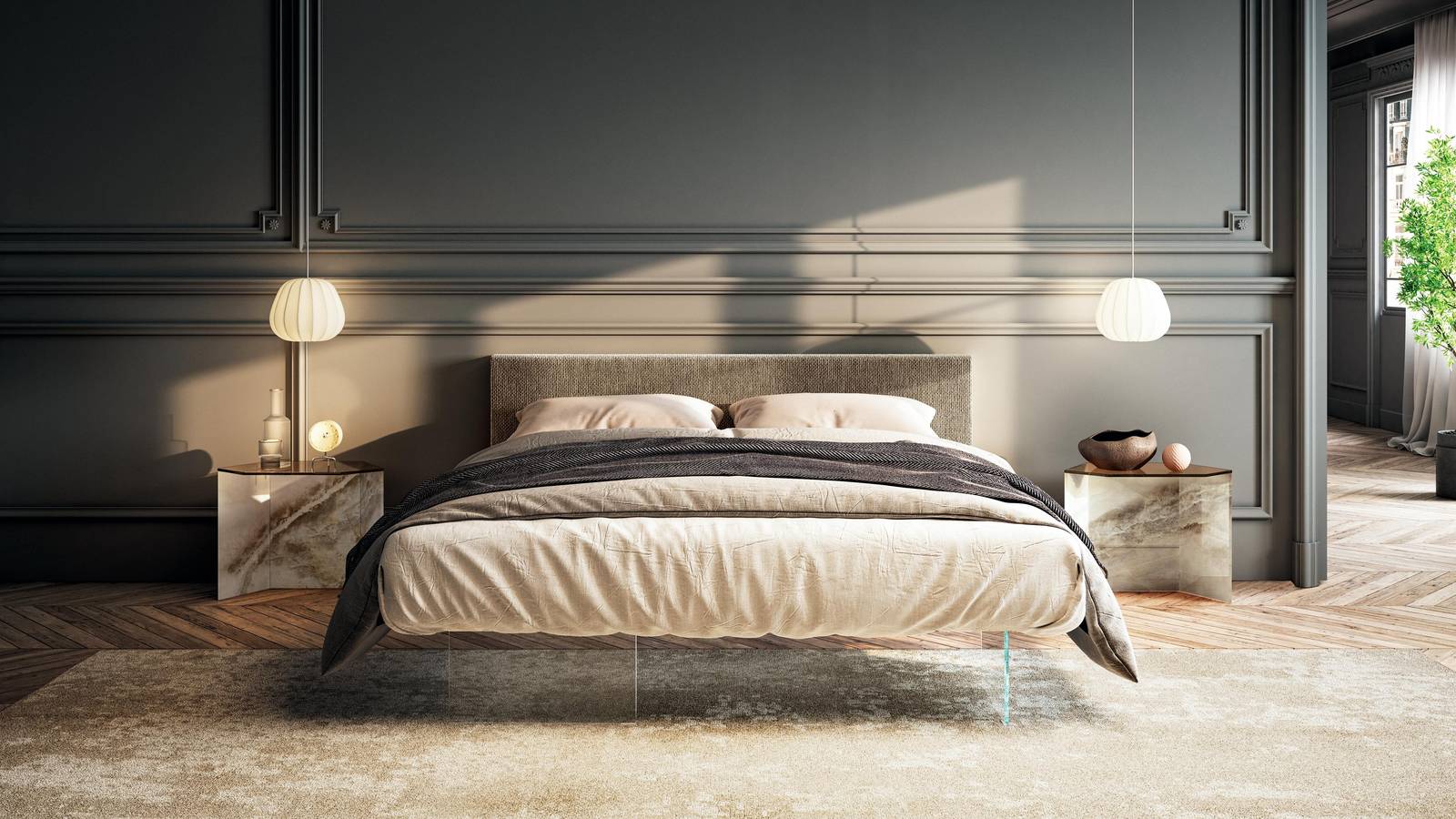 letto moderno con testiera in tessuto beige | Letto Air | LAGO