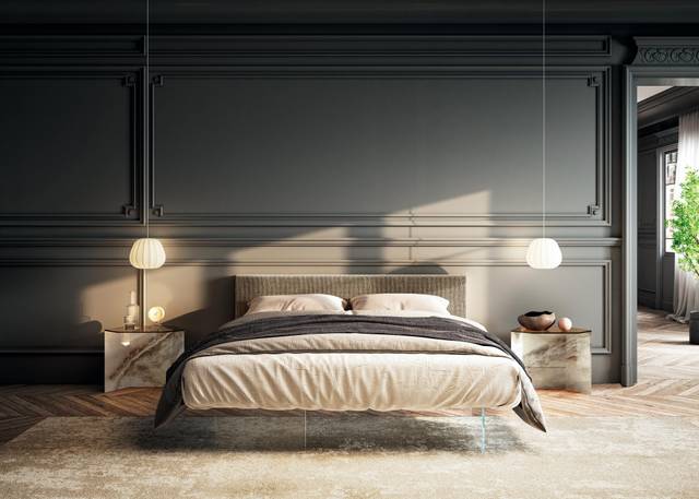 cama moderna con cabecero de tela beige | Cama Air | LAGO