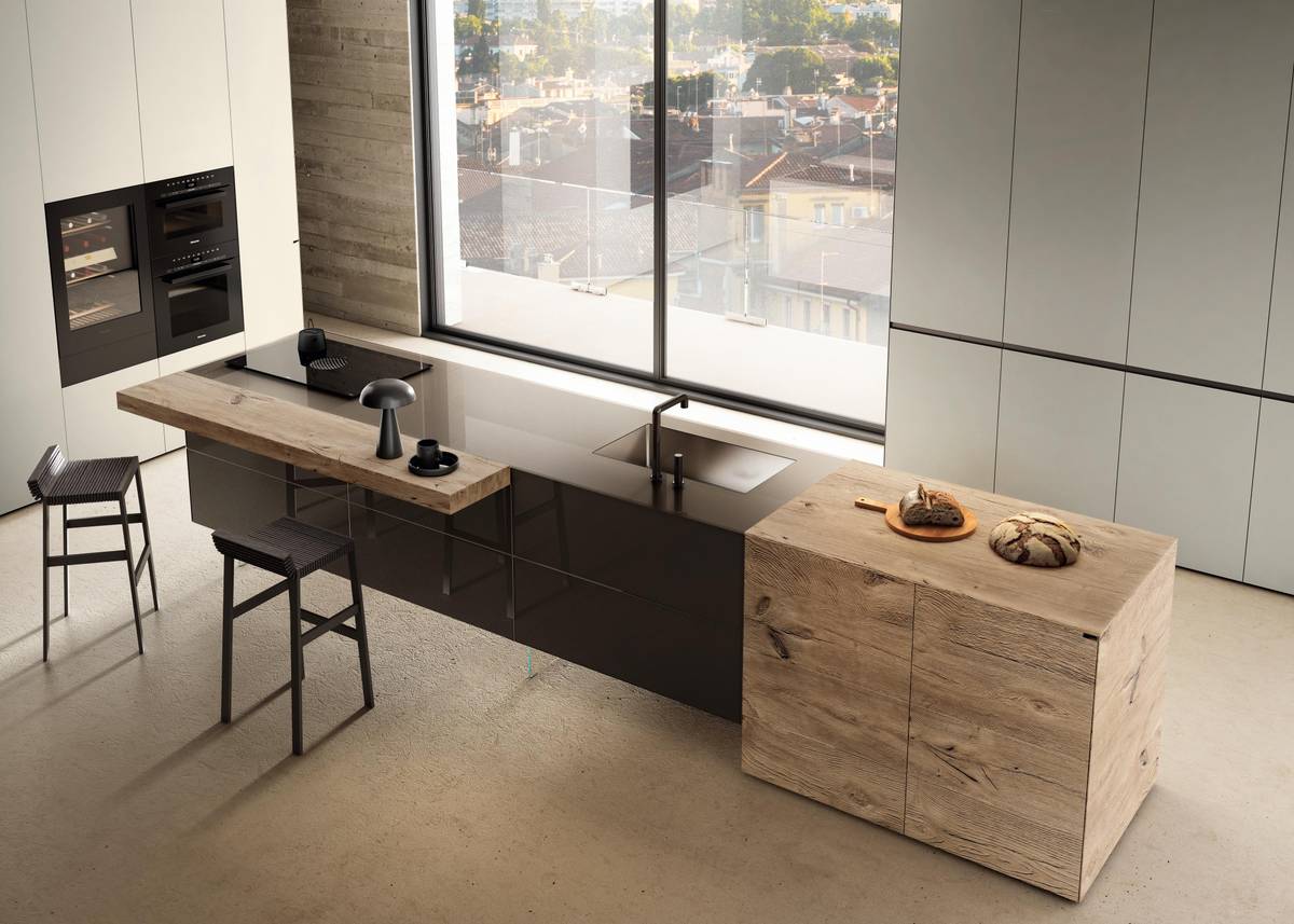 cucina ad isola con piano snack in legno | Cucina 36e8 | LAGO