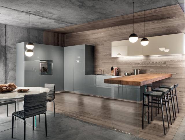 grigio glass floating modular kitchen | 36e8 Glass Kitchen | LAGO