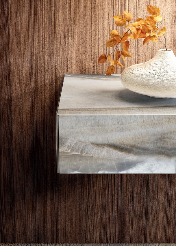 bedside table detail in light marble | Materia Bedside Table | LAGO
