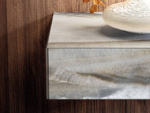 bedside table detail in light marble | Materia Bedside Table | LAGO