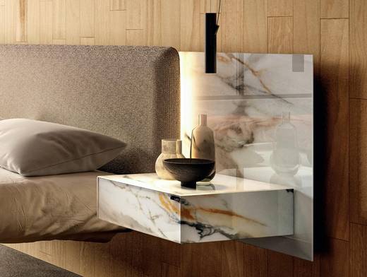 letto sospeso con testiera in tessuto e vetro | Letto Fluttua | LAGO letto sospeso con testiera in tessuto e vetro | Letto Fluttua | LAGO