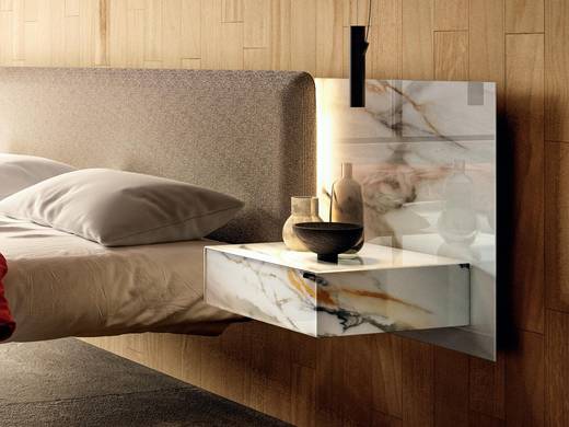 Lit suspendu avec tête de lit en tissu et verre | Lit Fluttua | LAGO Lit suspendu avec tête de lit en tissu et verre | Lit Fluttua | LAGO