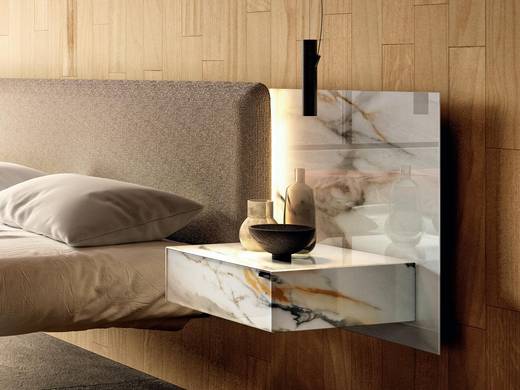 suspended bed with fabric and glass headboard | Fluttua Bed | LAGO suspended bed with fabric and glass headboard | Fluttua Bed | LAGO