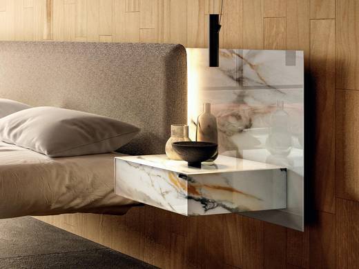 suspended bed with fabric and glass headboard | Fluttua Bed | LAGO suspended bed with fabric and glass headboard | Fluttua Bed | LAGO