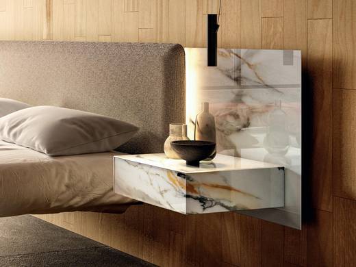 suspended bed with fabric and glass headboard | Fluttua Bed | LAGO