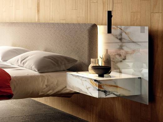 letto sospeso con testiera in tessuto e vetro | Letto Fluttua | LAGO letto sospeso con testiera in tessuto e vetro | Letto Fluttua | LAGO