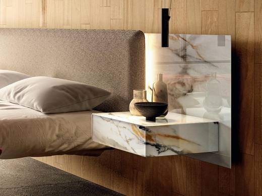 Lit suspendu avec tête de lit en tissu et verre | Lit Fluttua | LAGO Lit suspendu avec tête de lit en tissu et verre | Lit Fluttua | LAGO