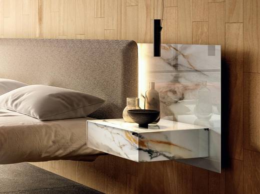 Lit suspendu avec tête de lit en tissu et verre | Lit Fluttua | LAGO Lit suspendu avec tête de lit en tissu et verre | Lit Fluttua | LAGO