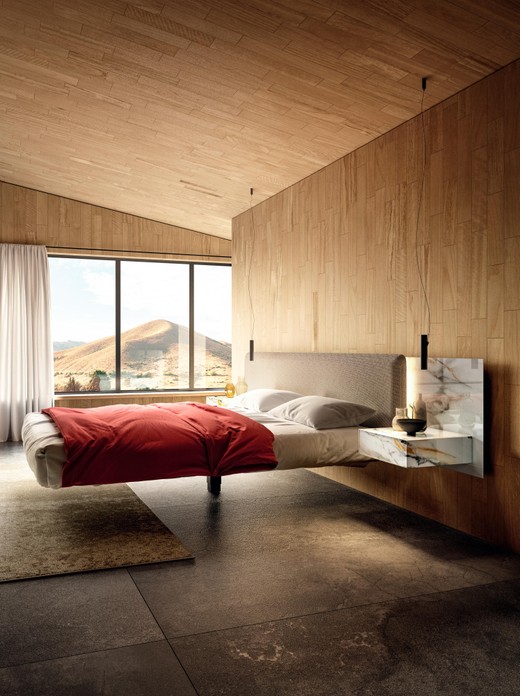 cama suspendida con cabecero de tela y cristal | Cama Fluttua | LAGO