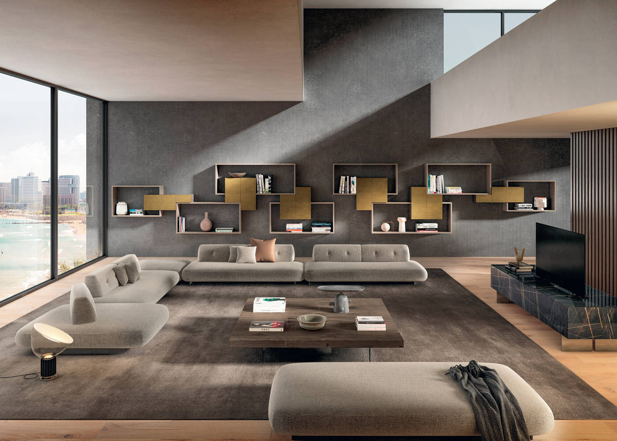 beige sofa with freestanding backrests and wall-mounted bookcase | Sand Sofa | LAGO beige sofa with freestanding backrests and wall-mounted bookcase | Sand Sofa | LAGO