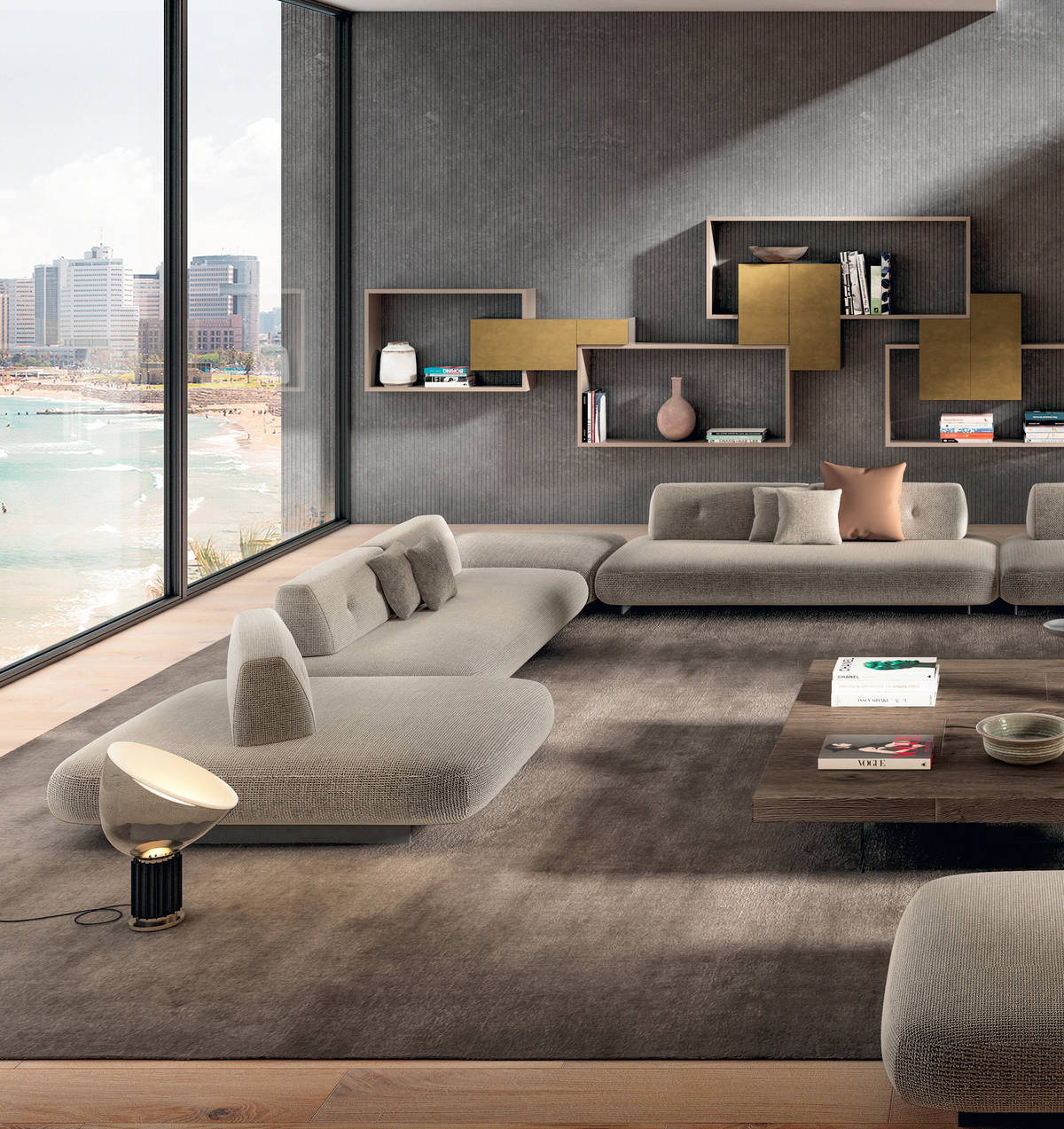 beige sofa with freestanding backrests and wall-mounted bookcase | Sand Sofa | LAGO beige sofa with freestanding backrests and wall-mounted bookcase | Sand Sofa | LAGO