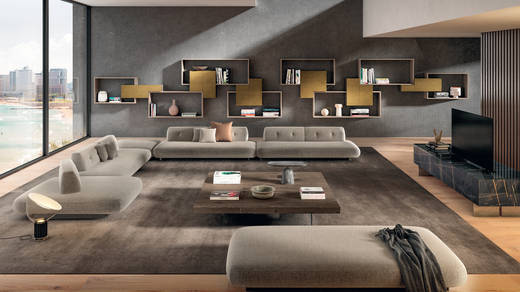 sofá beige respaldos freestanding y librería de pared | Sofá Sand | LAGO sofá beige respaldos freestanding y librería de pared | Sofá Sand | LAGO