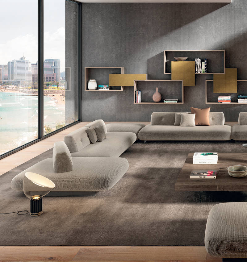 beige sofa with freestanding backrests and wall-mounted bookcase | Sand Sofa | LAGO beige sofa with freestanding backrests and wall-mounted bookcase | Sand Sofa | LAGO