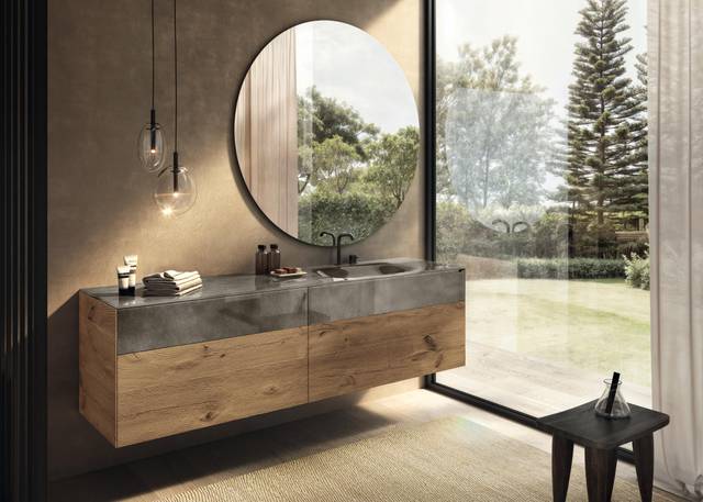 meuble de salle de bain mural en verre et bois | Lavabo 36e8 | LAGO