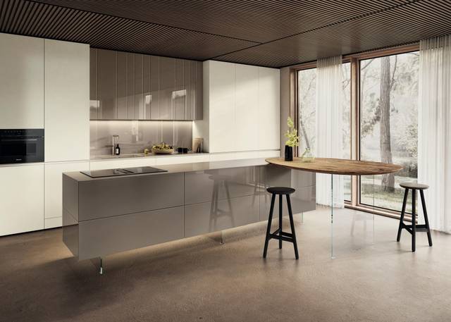 suspended glass kitchen with wooden peninsula | N.O.W. kitchen | LAGO