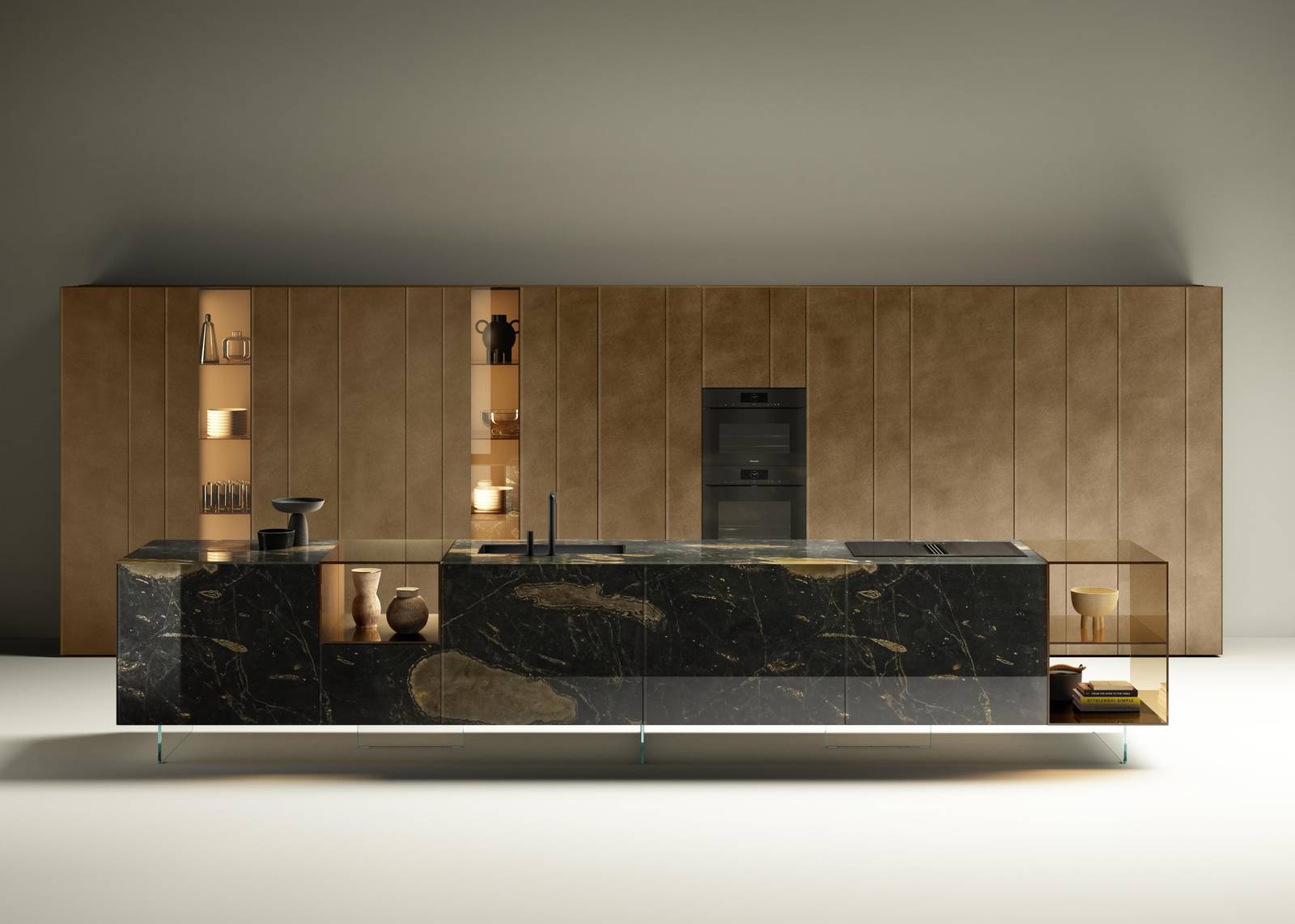 cucina moderna in marmo marrone e vetro fume bronzo | Cucina 36e8 Glass| LAGO