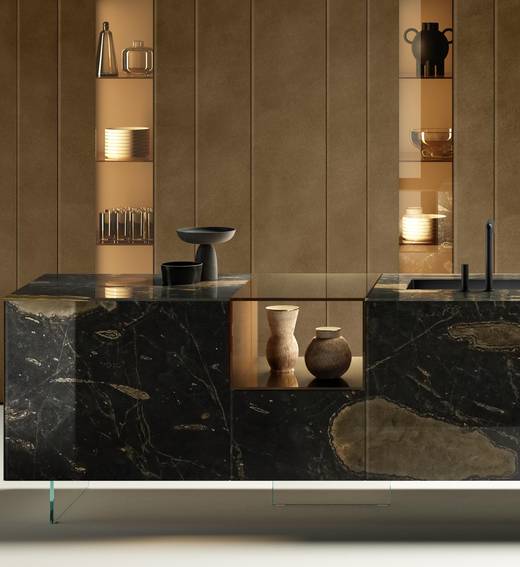 cucina moderna in marmo marrone e vetro fume bronzo | Cucina 36e8 Glass| LAGO