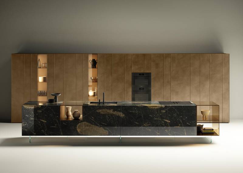 cucina moderna in marmo marrone e vetro fume bronzo | Cucina 36e8 Glass| LAGO