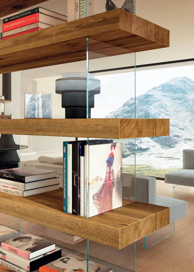 wooden glass bookcase detail | Air Bookshelf | LAGO