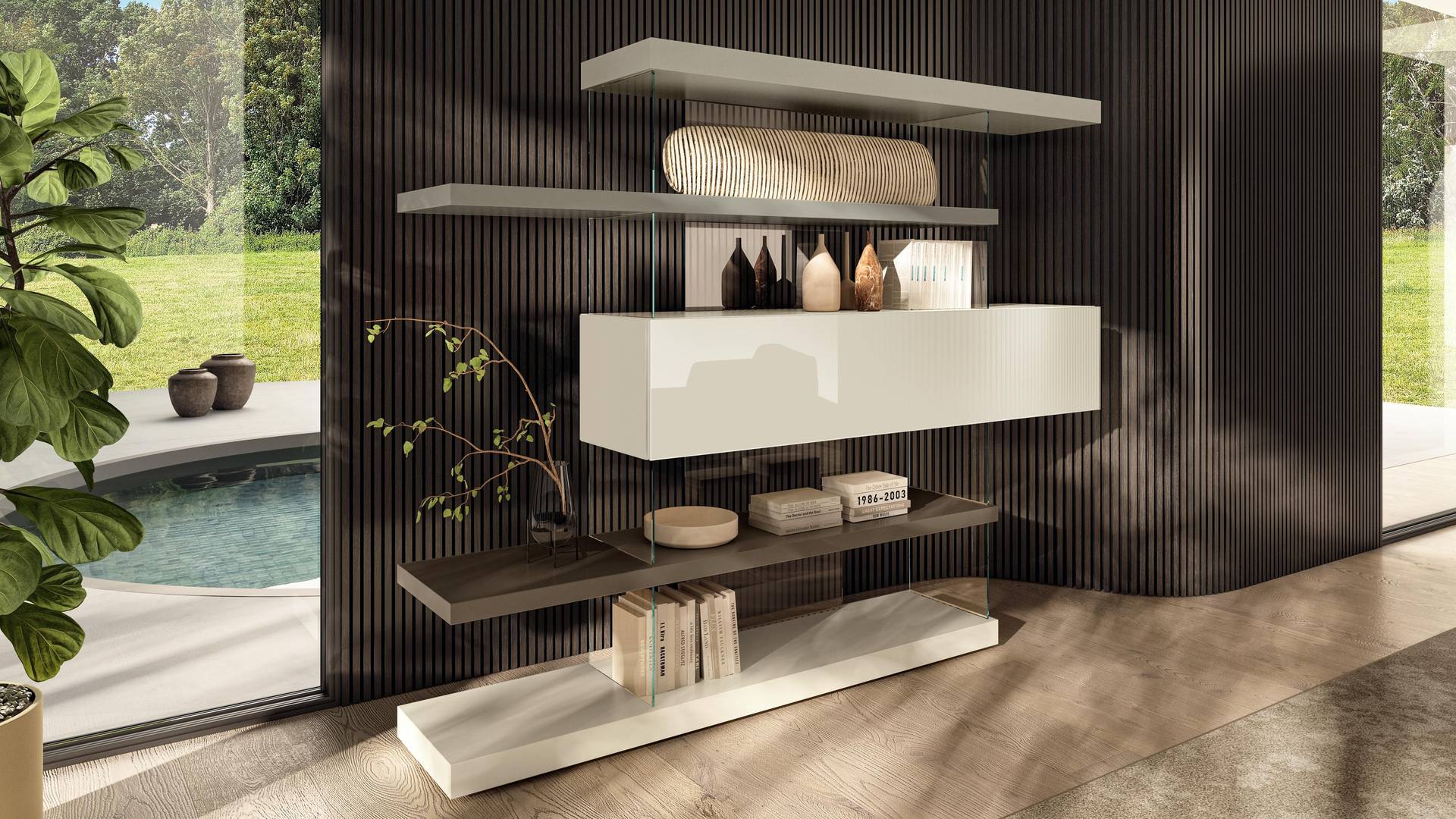 Living room with a designer bookcase | Air Bookshelf | LAGO