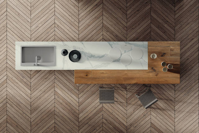 piano in legno e marmo chiaro cucina ad isola | Cucina 36e8 Marble XGlass| LAGO