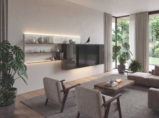 Salon design avec meuble mural en verre et télévision intégrée - 36e8 Cinéma LAGO