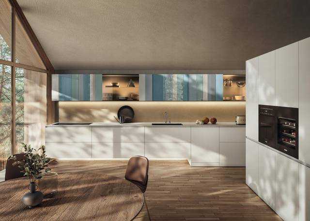 cocina lineal blanca con muebles altos de cristal de colores | Cocina N.O.W. | LAGO
