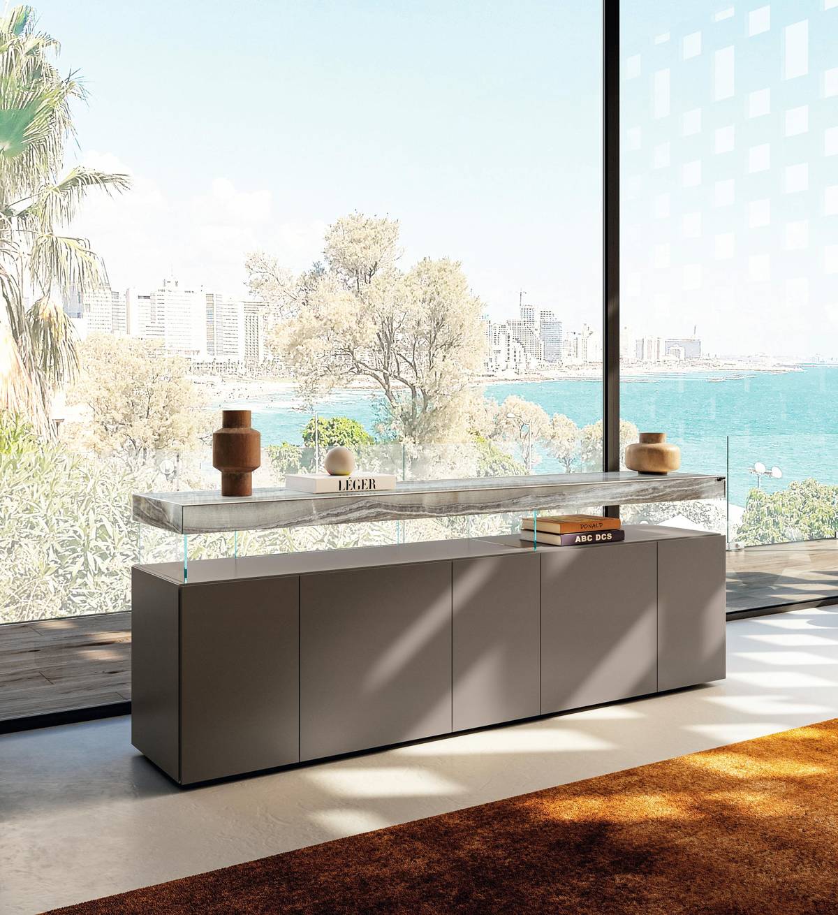 buffet suspendu avec étagère en marbre xglass | Buffet Air | LAGO buffet suspendu avec étagère en marbre xglass | Buffet Air | LAGO